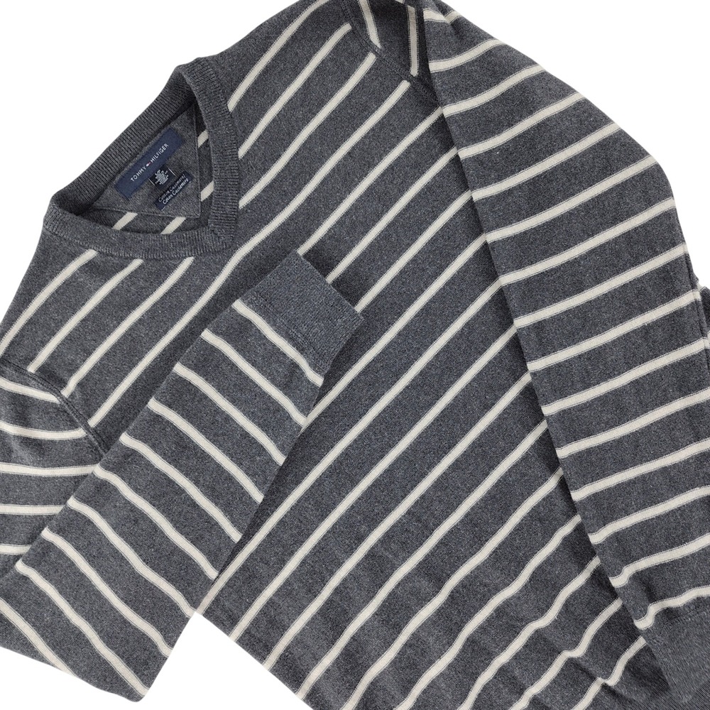 Tommy Hilfiger V-Neck Sweater Mens S Grey Striped Cotton Cashmere Knit